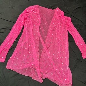 Pink Sheer Cardigan with Pearl Accents
